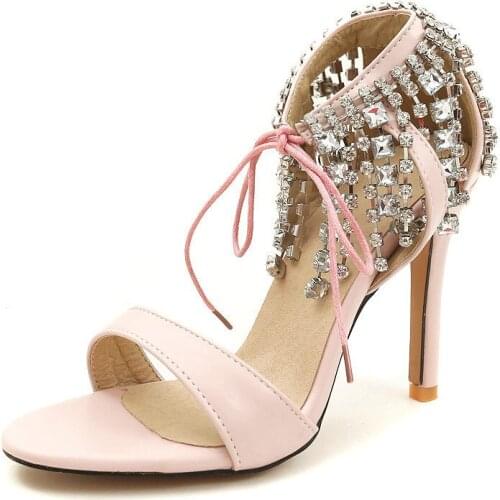 2019 New Women Crystal Tassels Sandals Pump High Heels Sandals Ladies Summer Cover Heel Party Sexy Shoes Woman XKD4168