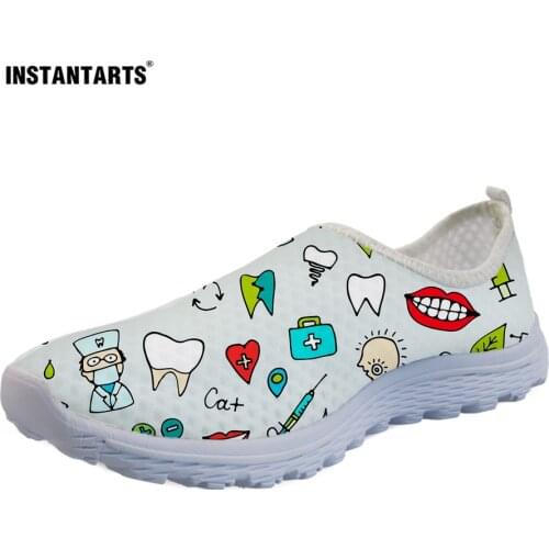 INSTANTARTS Dentist Shoes Womens Flats Cartoon Dental Nurse Print Breath Mesh Comfort Sneakers for Ladies Girls Summer Loafers