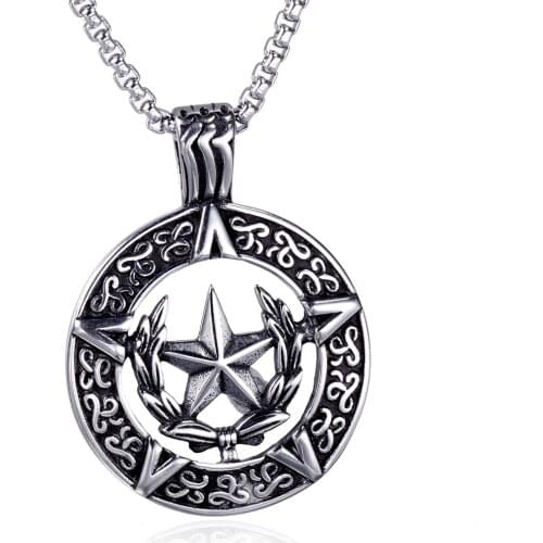 Vintage Pentagram Star Mens Necklace Round Pendant Gothic Retro Lucifer Satan Necklaces 24Inch Chain Male Jewelry