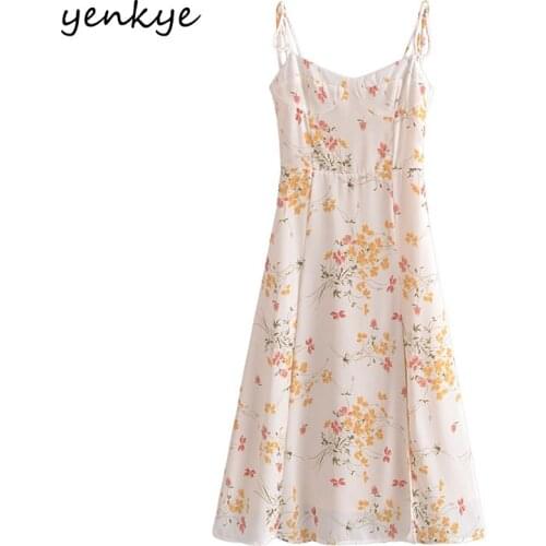 YENKYE Summer Sexy Sling Dress Women Floral Print Prairie Chic Vestido Mujer A-line Midi Hem Slits Chiffon Dress