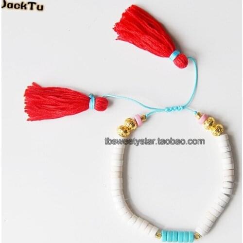 Green beads pcs red cotton tassels bracelet