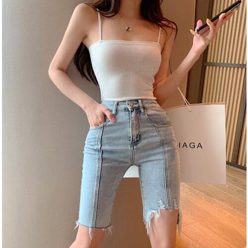 Women Skinny Jeans Elastic Knee Length Leggings Casual Short Pants Denim Shorts Ripped Jeans Denim Jeans Buttons Zipper Ladies