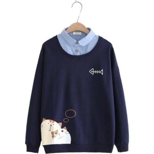 Merry Pretty Women’s Cartoon Print Patchwork Hoodies 2020 Winter Long Sleeve Turndown Collar Sweatshirts Casual Loose Pullovers