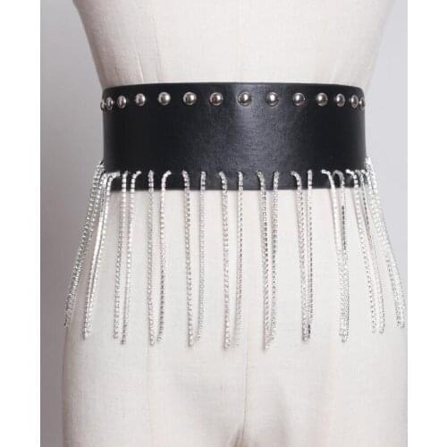 Womens runway fashion diamonds tassel pu leather Cummerbunds female Dress Corsets Waistband Belts decoration wide belt R1841