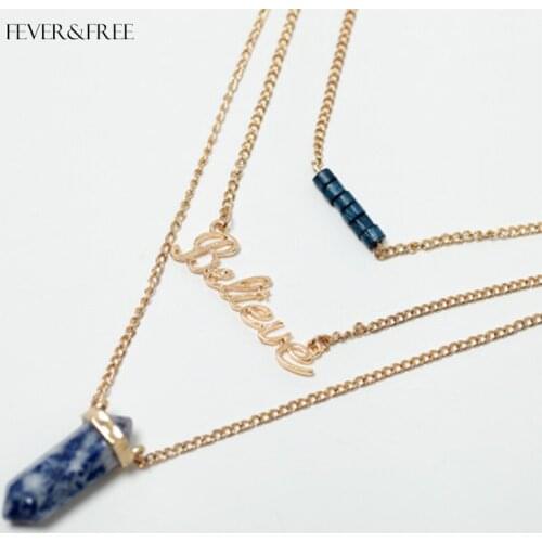 Fever&Free Women Fashion Natural Stone Pendant Necklace Multi Layer Alloy Gold Letter Necklace Collar Jewelry Gift Drop Shipping