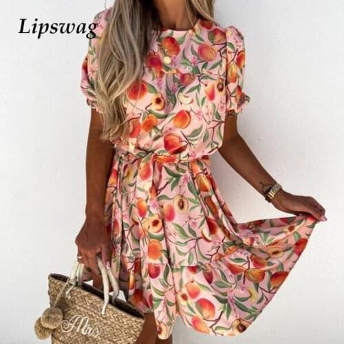 Summer Elegant Floral Print Dress Women 2021 Fashion High Waist Belt Ruffled Beach Dresses Vacation Ladies Dress Casual Vestidos