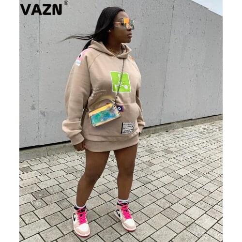VAZN 2020 Autumn Winter Hot Sales Regular Free Simple Casual Daily Style Hooded Full Sleeve Women Nature Straight Mini Dress