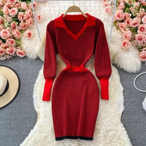 SINGREINY Women Retro Plaid Knitted Dress Long Sleeve V Neck Elastic Slim Sheath Dress Autumn Winter Sexy Bodycon Sweater Dress