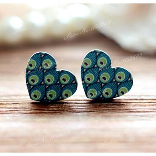 16mm Feather Heart Shape Image Painted Wooded Laser Cut Cabochon to make Rings, Earrings, Bobby pin, pendant