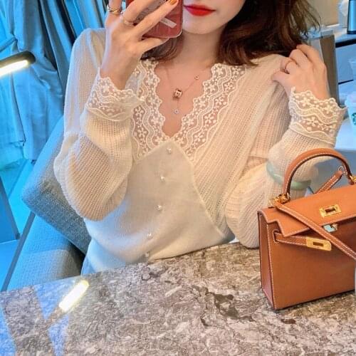 White Autumn New Style Sweet Lace With Foreign Style Long Sleeve Knitted Top For Women