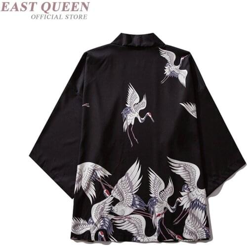 Black Japanese Kimonos Shirts 2019 Streerwear Cranes Yukata Women Haori Harajuku Kimono Cardigan Men Female Asian Clothes FF2173