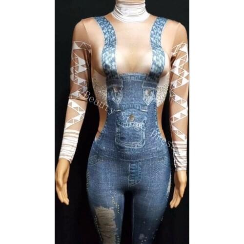 Bright Stones Jeans Printed Jumpsuit Rhinestones Skinny Leggings Nightclub Show Womens Birthday Party Prom DS Outfit Stage Wear