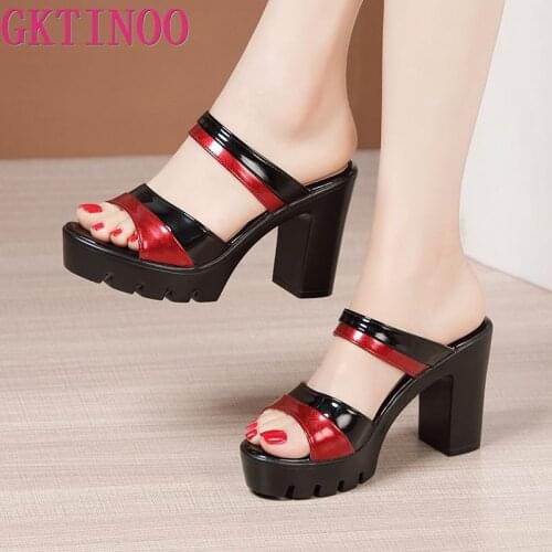 GKTINOO Patent Leather Platform Slides 2021 Summer Shoes Peep Toe Elegant High Heels Slippers Women Party Office Footwear
