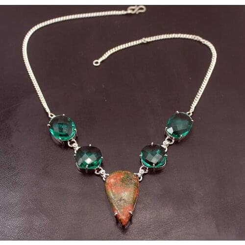 Hermosa Elegant Natural Unakite GreenTopaz Silver Color Necklace Women Chain Necklace 18 Inch A193