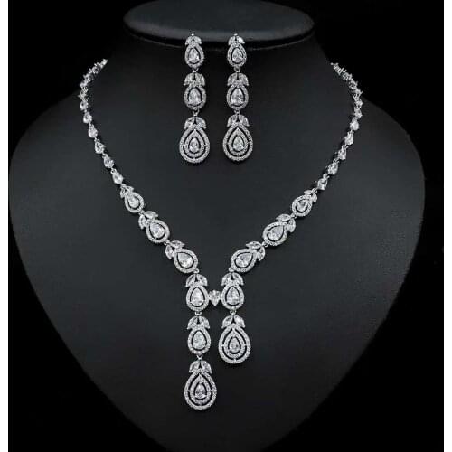 HIBRIDE Elegant Water Drop Leaf Design Drop African Nigerian CZ White Color Bridal Wedding Jewelry Sets for Women Party N-199