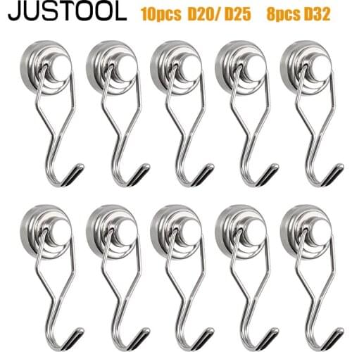 JUSTOOL 10Pcs Neodymium Magnetic Hooks Silver Swivel Swing Powerful Strong Heavy Duty 15/20/30kg For Refrigerator Crochet Mural