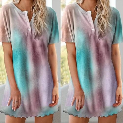 Summer Lady Dress Fashion Casual Printed Button Short Sleeve Dress Women Homewear Tie-Dye Printing Slim Femme Mini Dress