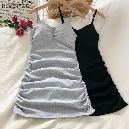 Summer Dresses Women Casual Sweet Solid Elegant Fashion New A-LINE Shirring Mini Spaghetti Strap V-Neck Sleeveless Streetwear