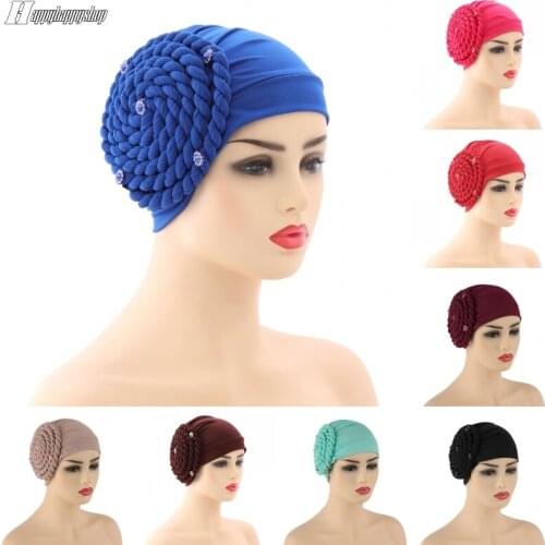 Fashion Solid Braid Knot Turban Cap Muslim Head Scarf Chemo Cap Women Bandana Hats Hair Loss Head Wrap Bonnet African Headwear
