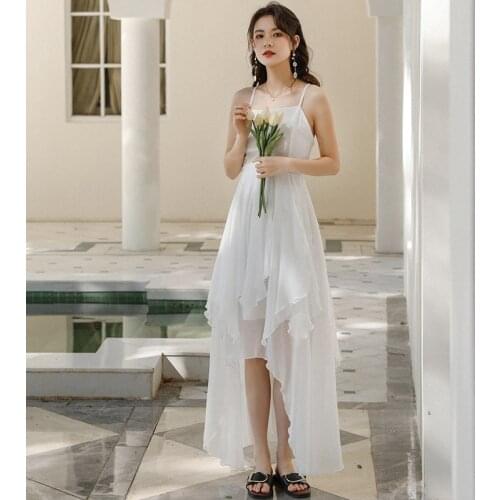 New arrival fashion summer asymmetrical long dress women elegant sexy strap backless bandage chiffon club beach holiday dress