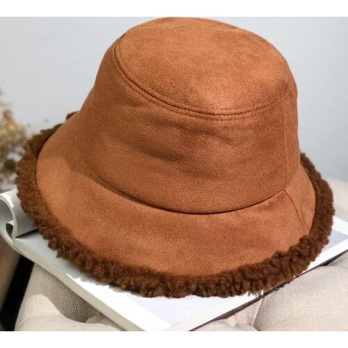 Autumn and Winter Warm Female Bucket Hat Winter Suede Thick Lamb Hair Fisherman Hat Outdoor Sun Protection Warm Panama Hat