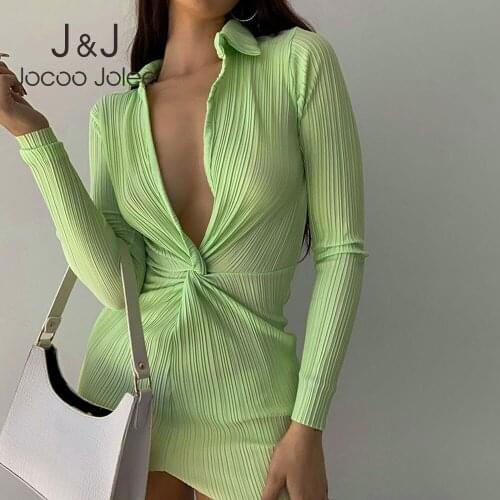 Jocoo Jolee Autumn Elegant Polo Dress Long Sleeve Sexy Deep V Neck Twist Tie Bodycon Dress Women Sexy Tight Club Party Dress