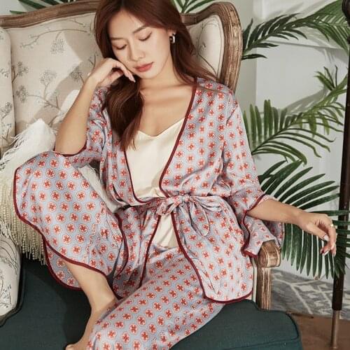 Sexy Women Pajamas Sets Silk Satin Sleepwear 3 Pieces Nightwear Set Pyjama Spaghetti Strap Pants Suit Sleep Lounge Pijama