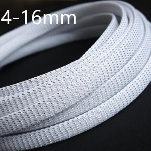 White Silver PET Braided Wire Sleeve 4 6 8 10 12 16mm Tight High Density Insulated Cable Protection Expandable Sheath Colorful