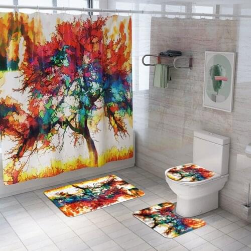 Drop Shipping Rich tree 4Pcs/Set Anti Slip Bathroom Rugs Set Waterproof Shower Curtain Rug Lid Toilet Cover Bath Mat Home Decor
