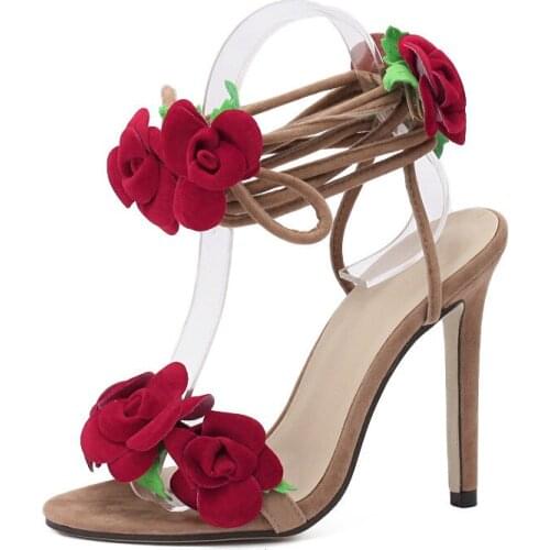 Rose Cross Lacing Women Sandals High Heels Sexy Sandalia Feminina Flowers Summer Shoes Woman Ladies Party Dress Shoes XKD4146