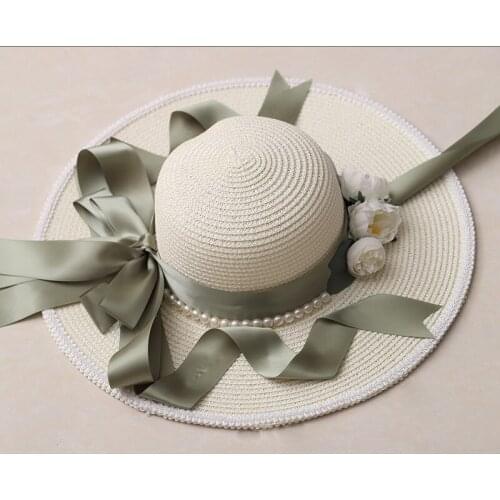 Flower Straw Hat Womens Summer Sun Hat Sun Protection Big Brim Hat Handmade Bow Lolita Lolita French Hat