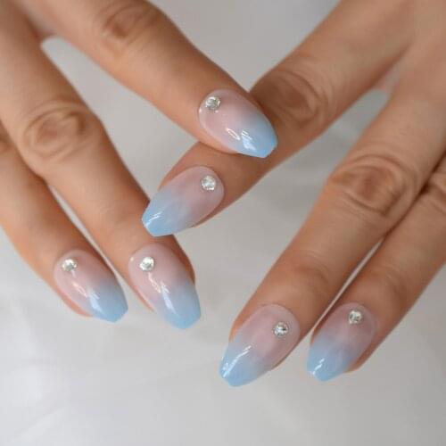 Fadeing Blue Medium Coffin Nail Tips Pre Single Diamond Rhinestone Charms Lovely Full Cover Press On Nail 2021 Supplies Gels Set