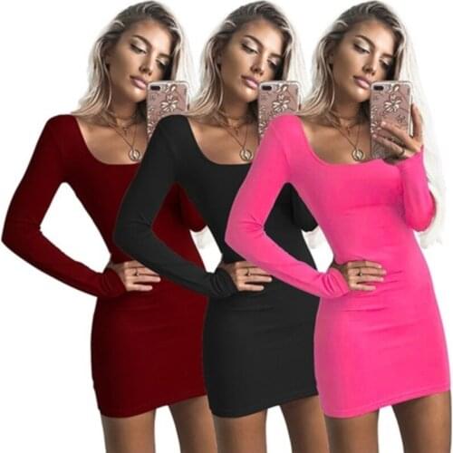 Long Sleeve Sexy Bodycon Dress Women 2021 Club Autumn Basic Solid Square Neck Wine Red Black Woman Mini Dress Winter