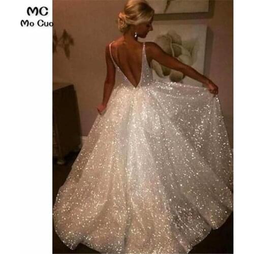 Sparkly Blingbling Wedding Dresses Double V-Neck Spaghetti Straps Robe de mariage vestido de noiva Backless Bridal Gowns
