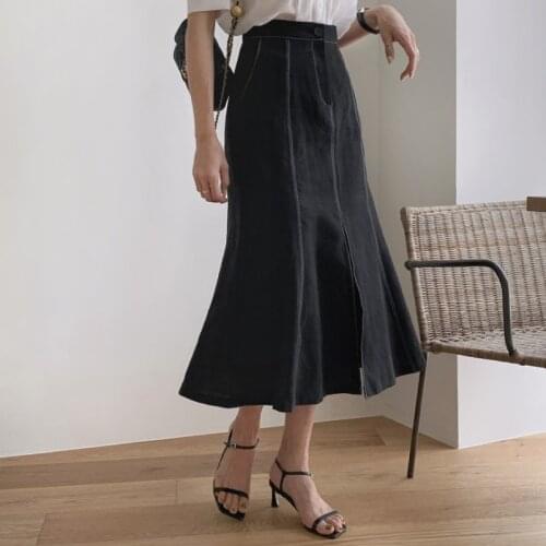 Black Cotton Long Denim Skirt Bright Line 2021 New Women Spring Summer Split High Waist A-line Maxi Jupes