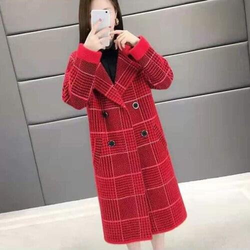 New Women Plaid Slim Faux Mink Cashmere Jacket Fashion Ladies Autumn Winter Mid-length Knitted Sweater Cardigan Outerwear R360