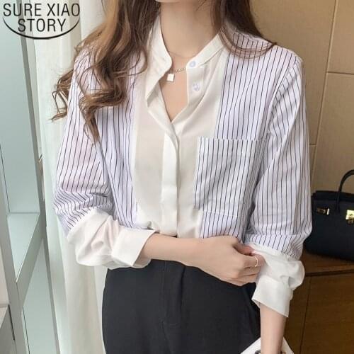2021 Autumn Loose Chiffon Blouses Office Lady Striped Shirts Women OL Style Long Sleeve Shirt Fashion Pocket Ladies Tops 10682