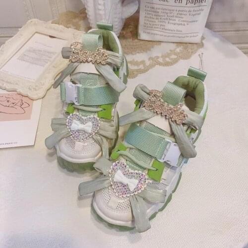 Womens Heart Rhinestones Crystal Lace Bowknot Sneakers Lace Up Sport Shoes Girls Lolita Sweet New White Green 2021