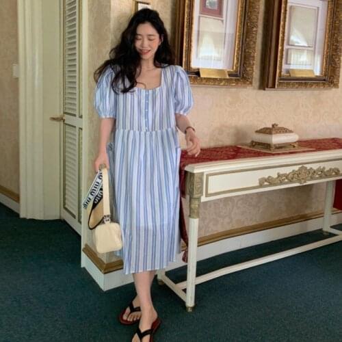 Summer new stripe loose Dress Lapel temperament commuting woman dress Puff sleeve dresses for women 2021