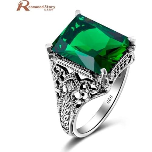Vintage Fine Jewelry Created Emerald Cocktail Ring Genuine 925 Sterling Silver Hollowed Out Fashion Engagement Ring For Women