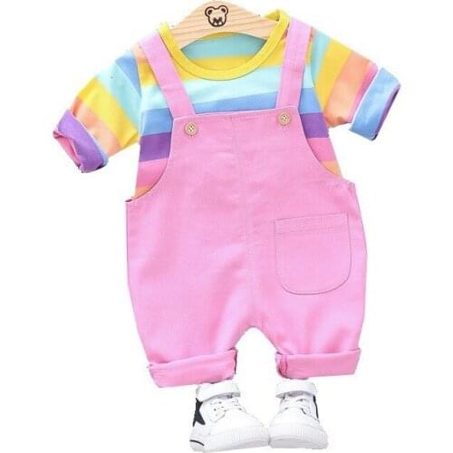 Spring Autumn Baby Girl Boy Clothes Suits Children Cotton Candy T Shirt Strap Pants 2PCS/Set Infant Clothing Casual Kids Costume