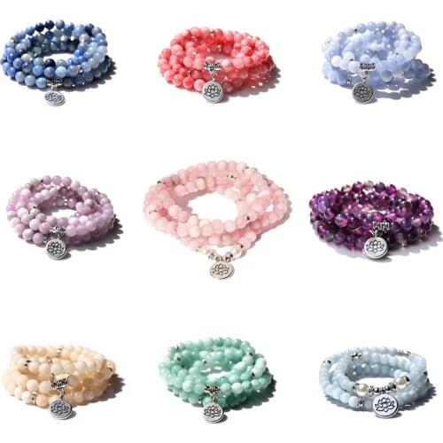 Buddhism 108 Beads Mala Bracelets Women Yoga Prayer Lotus Charm Pulsera 8 mm Natural Kunsite Chalcedony Stone Beads Bracelet