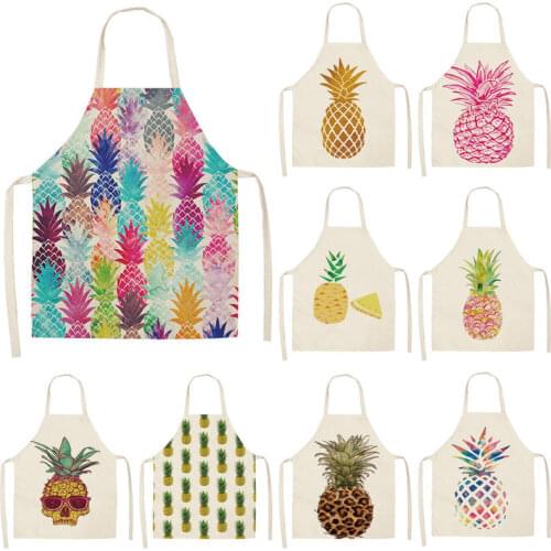 1Pcs 53*65cm Cotton Linen Pineapple Printed Cleaning Aprons Sleeveless Home Cooking Kitchen Apron Cook Wear Adult Bibs WQ0007
