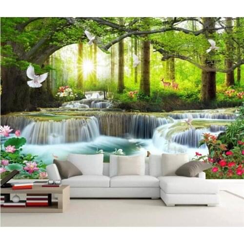 Custom Wall Mural Photo Wall Paper 3D Green Forest Waterfall Natural Landscape Painting Straw Textured Wallpaper Mural any size