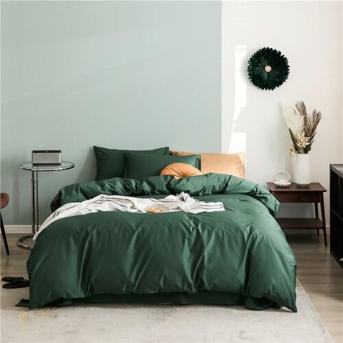 Luxury Cotton Satin Green Solid Color Bedding Set Duvet Cover Bed Linen Fitted Sheet Pillowcases Home Textile King Queeen 4PCS