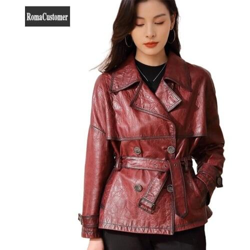 2021 Spring Autumn New Genuine Leather Jackets Womens Short Turn-Down Collar Elegant Female Solid Sheepskin Trench Outerwear