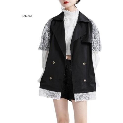 Women Jacket Loose Fit Over Size Spliced Lace Sleeve New Lapel Women Coat Fashion Tide Spring Summer New
