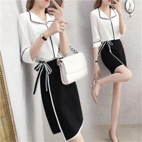 Fashion suit women 2018 summer New five-point sleeve chiffon shirt suit dignified atmosphere fashion skirt two-piece