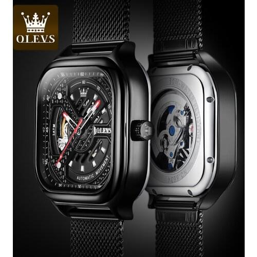 OLEVS Mens Fully Automatic Mechanical Watch Luxury Brand Fashion Hollow Out Perspective Square Watches Leather Mesh Top Quality