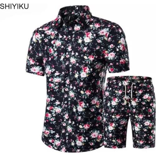 SHIYIKU Fashion Floral Print Shirts+Shorts Brand Men Set Short Sleeve Shirts Casual Hawaii Clothing Sets Tracksuit Plus Size